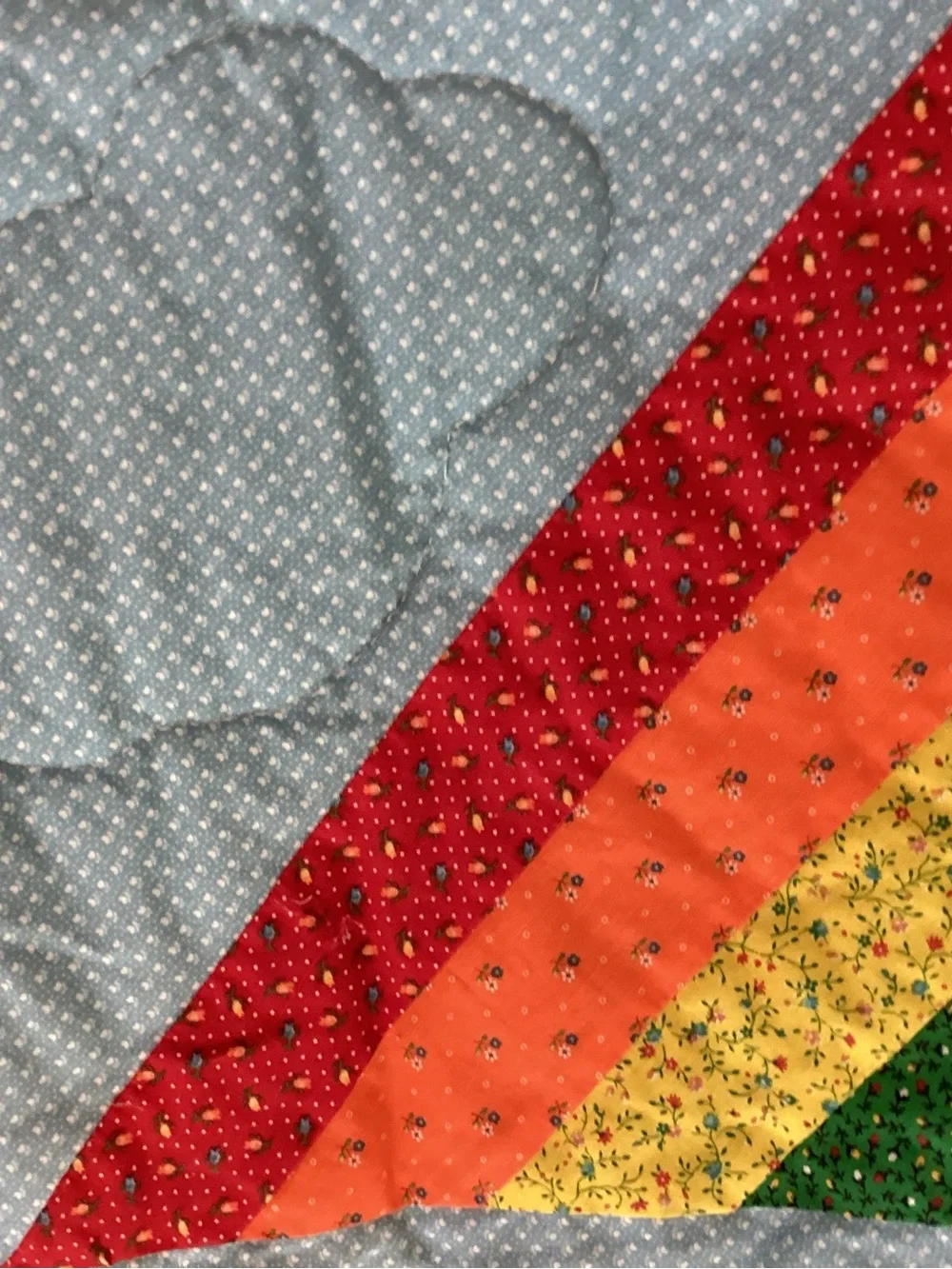 Handmade Rainbow Stripe Patchwork Quilt Light Blue Cloud Background Cottegecore